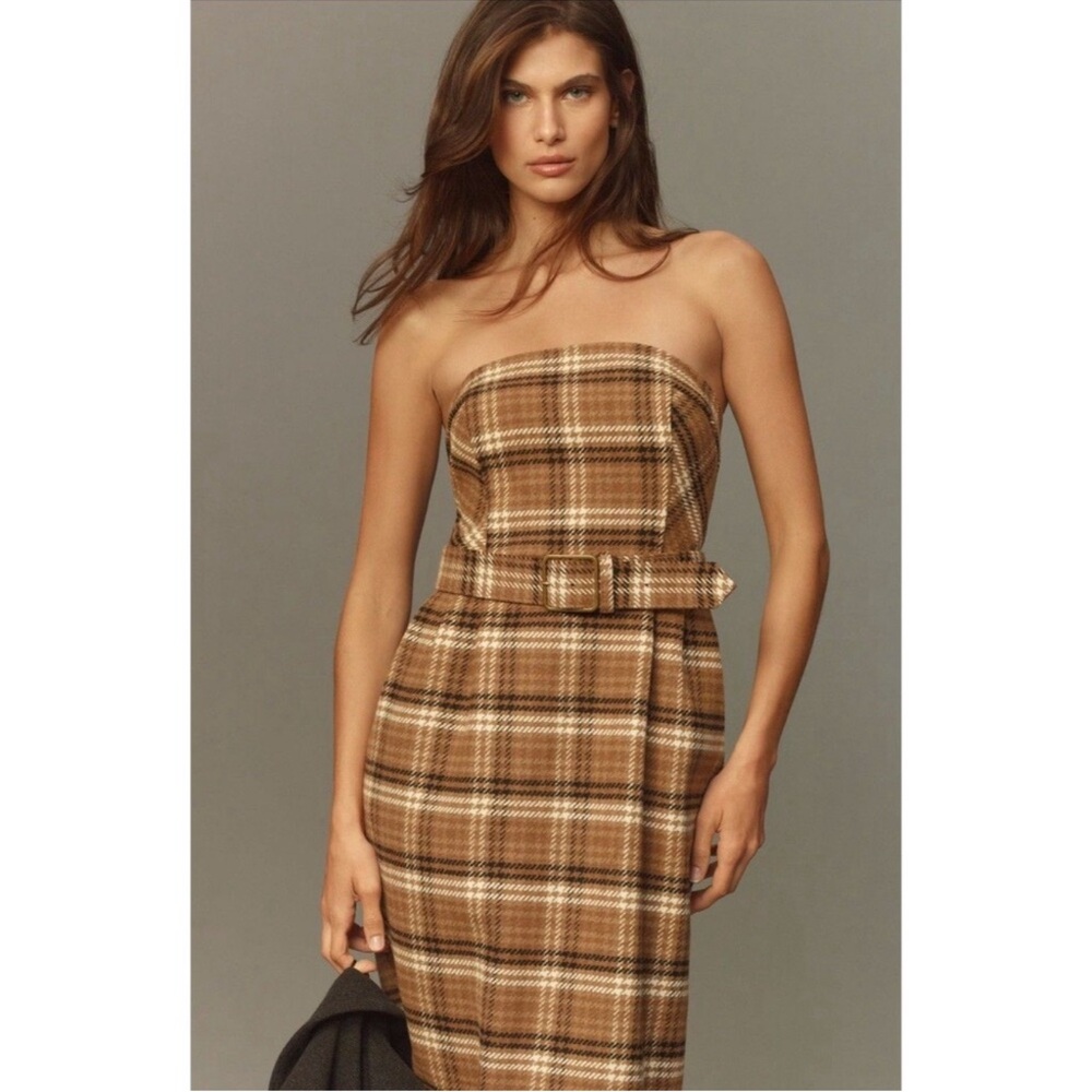 Anthropologie Brown Plaid Strapless Dress - size U.S. 6